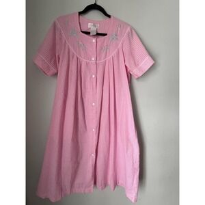 Pink Gingham Embroidered House Dress Snap Front Seersucker Nightgown M